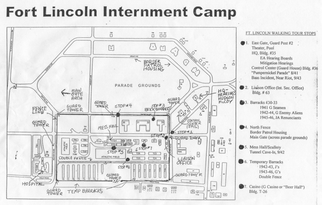Outline map, titled “Fort Lincoln Internment Camp”