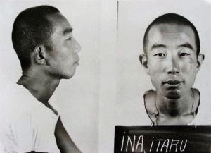 Two black-and-white pictures of a Japanese American man, one in profile, one facing the camera