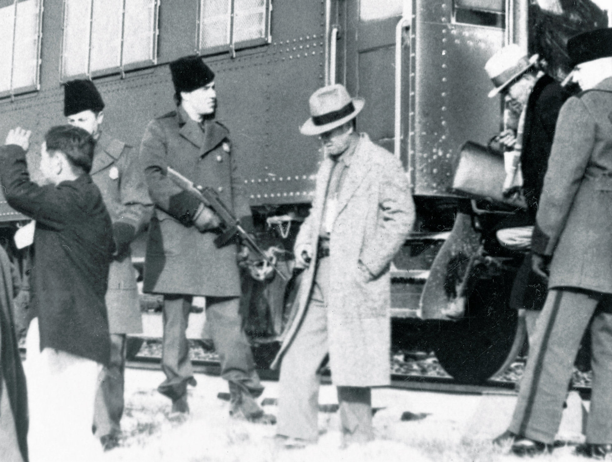 Issei men arriving at Bismarck on train