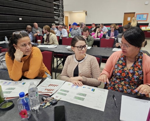 UTTC Faculty at Professional Development UTTC Faculty sitting at a table in the UTTC Multipurpose Room discussing student data.
