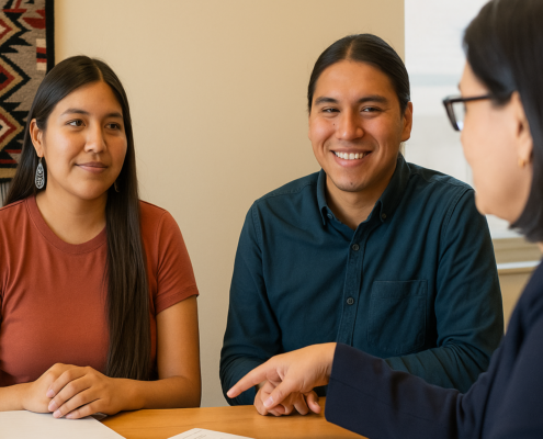 academic_advising_image A male and female Native American student sit across a table from their academic advisor.