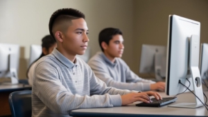 An image of male students taking the Accuplacer test in a computer lab