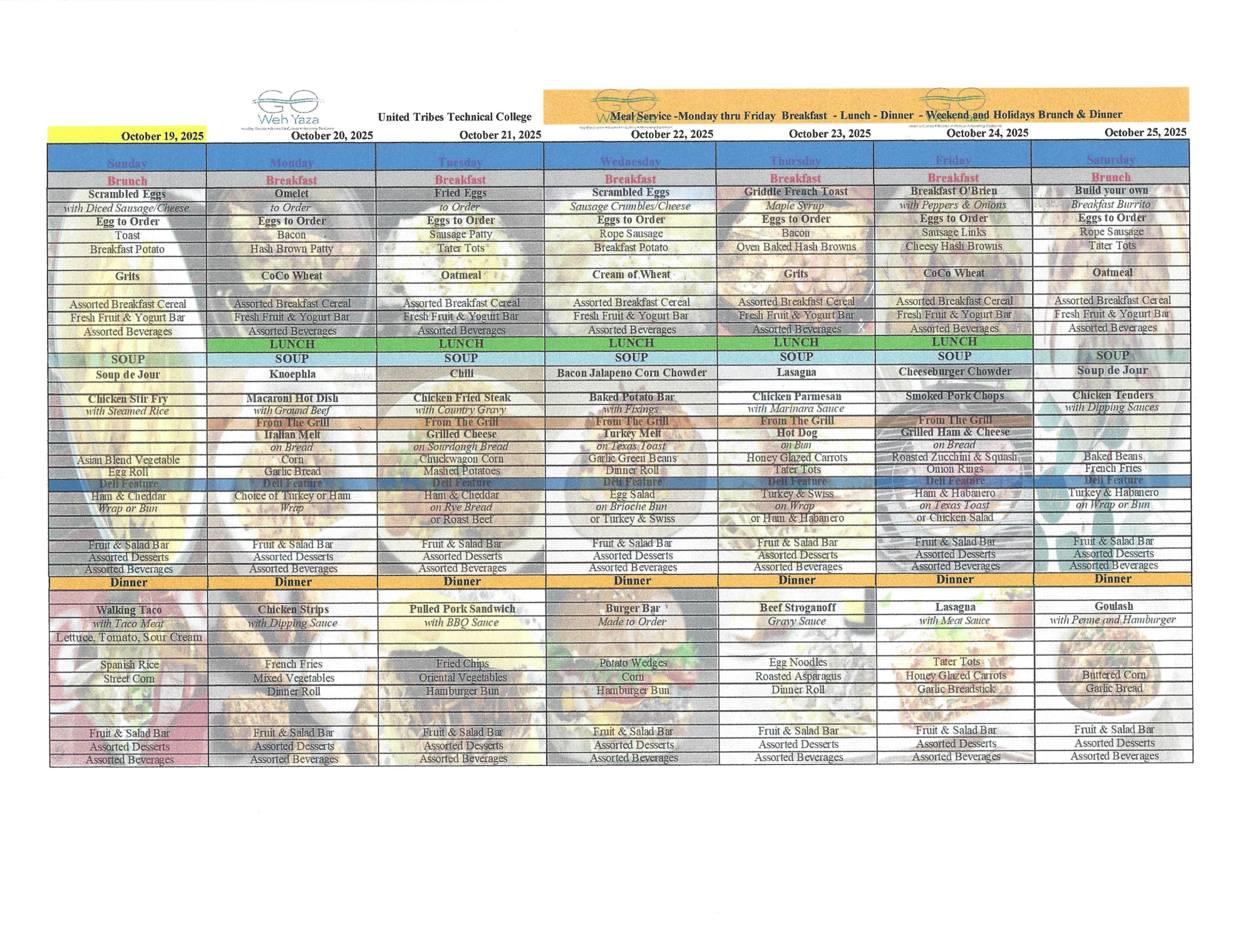 GWY UTTC - College Menu starting 10.19.2025