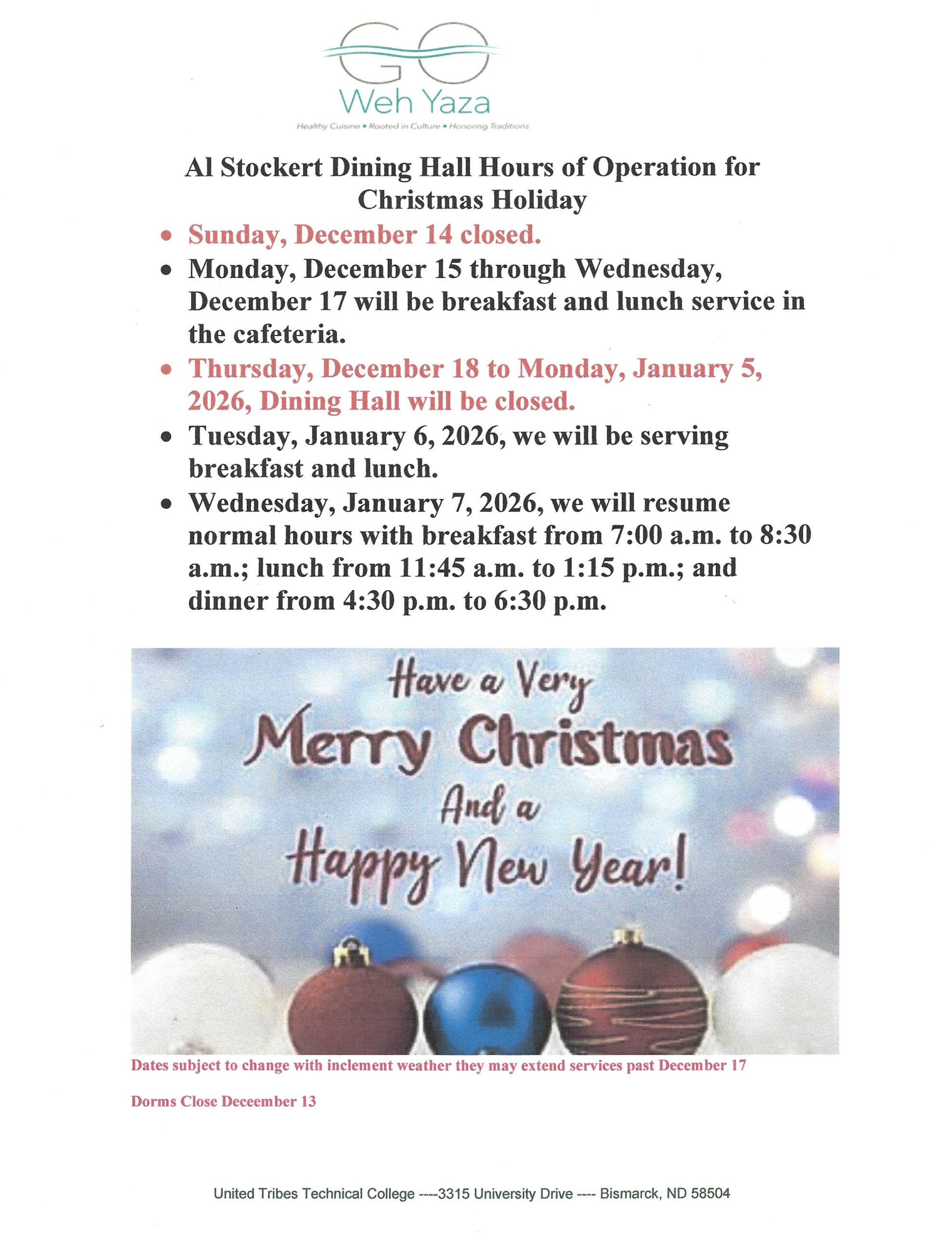 GWY UTTC - Winter Closure for Dining Hall 12.17.2025 to 1.6.2026