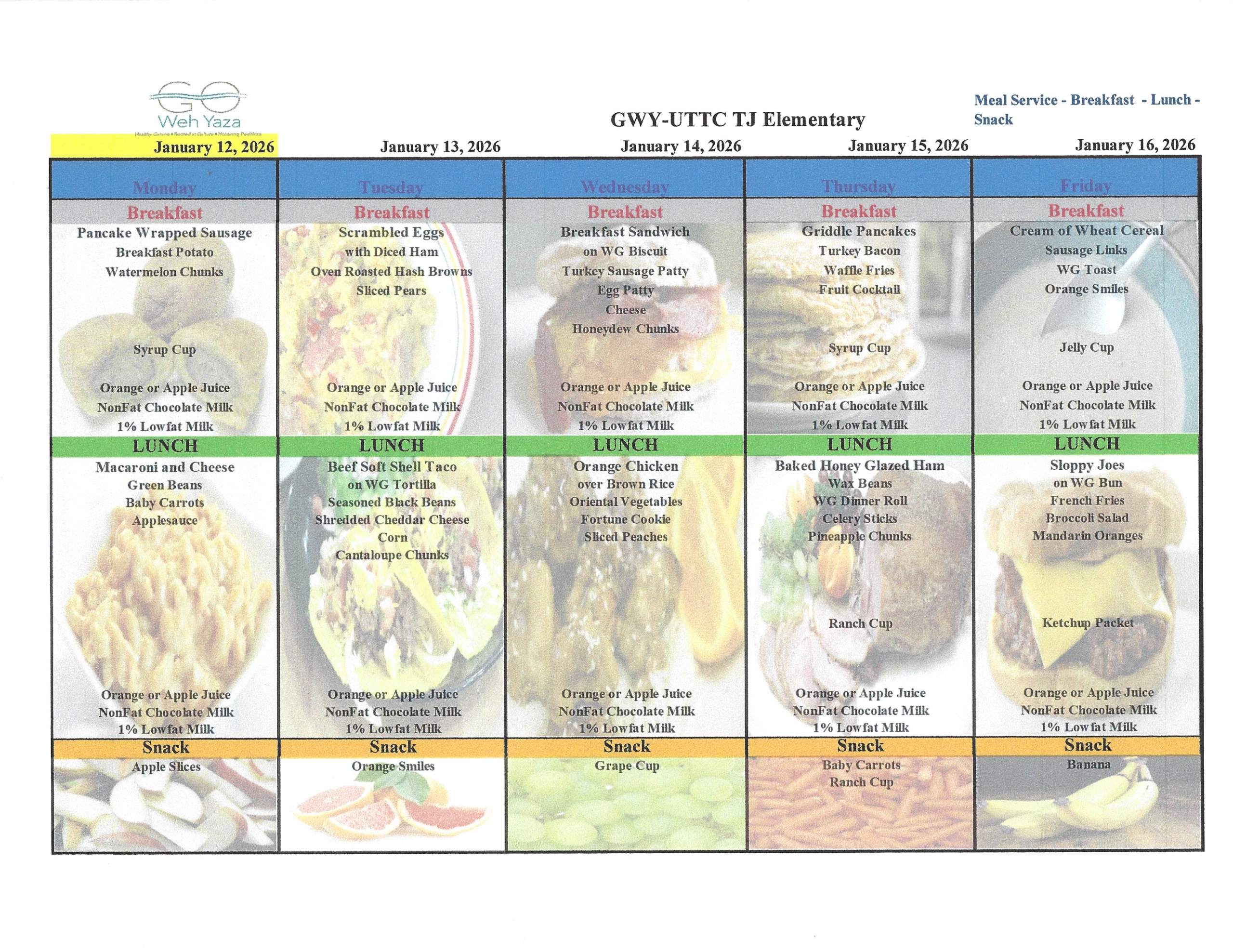 GWY UTTC - TJES Menu January 12 to 16 2026