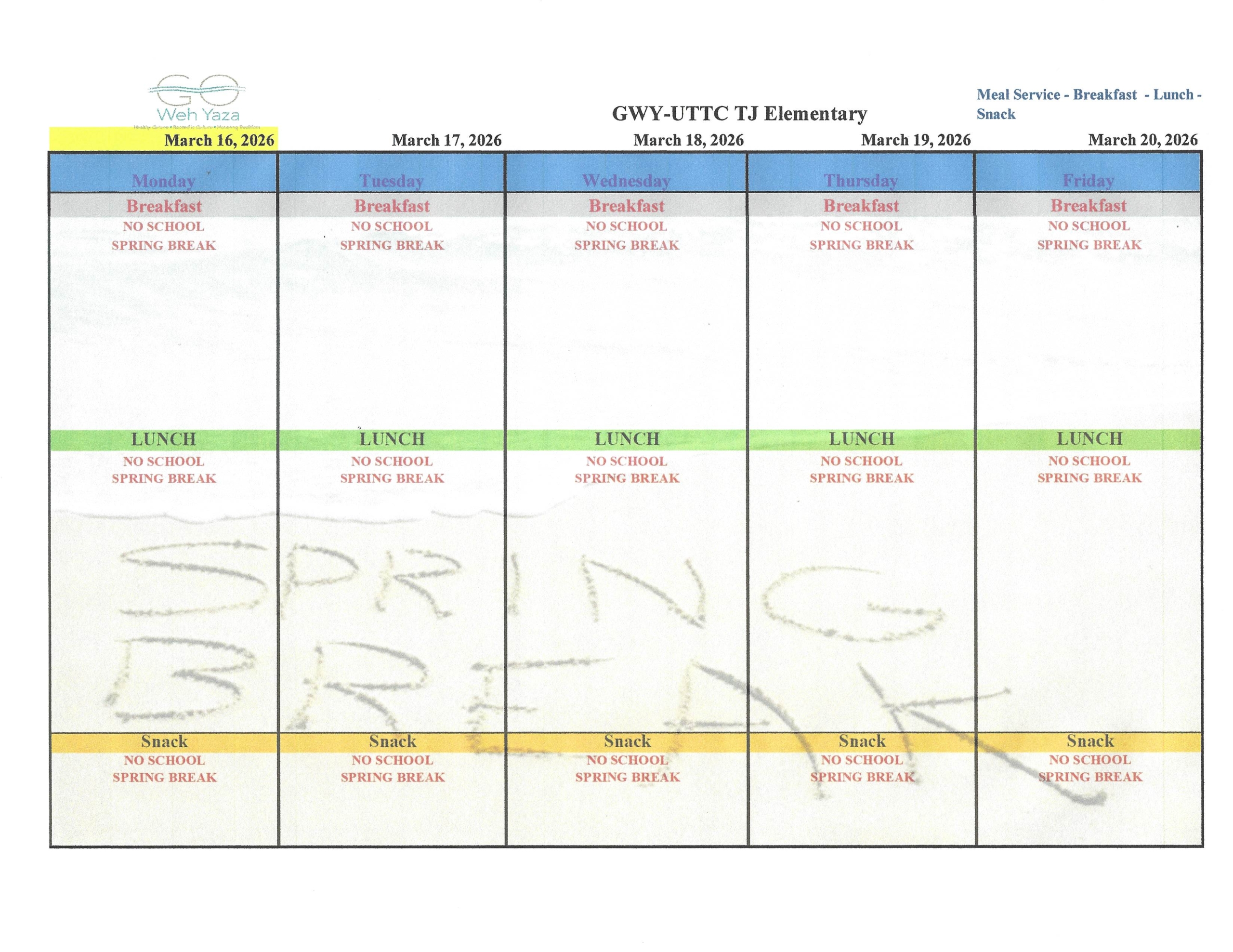 GWY UTTC - TJES Menu March 16 to 20 2026