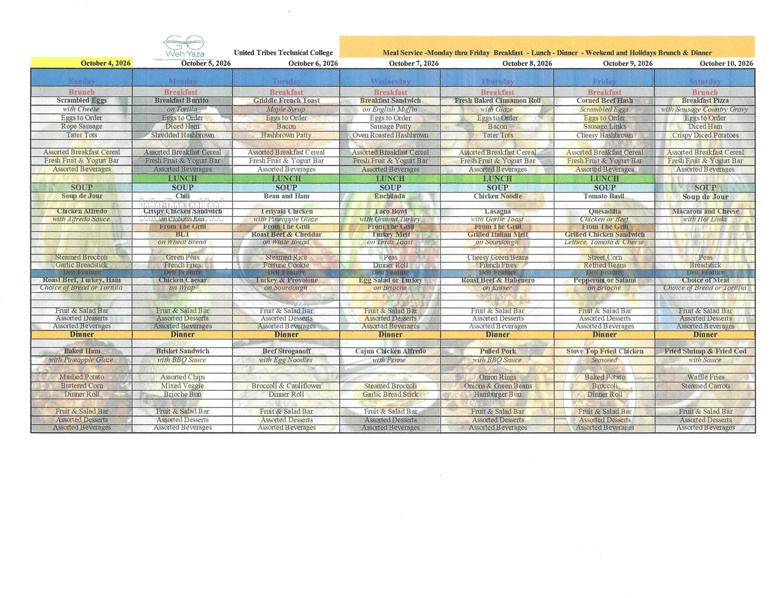 GWY UTTC - College Menu starting 10.5.2026