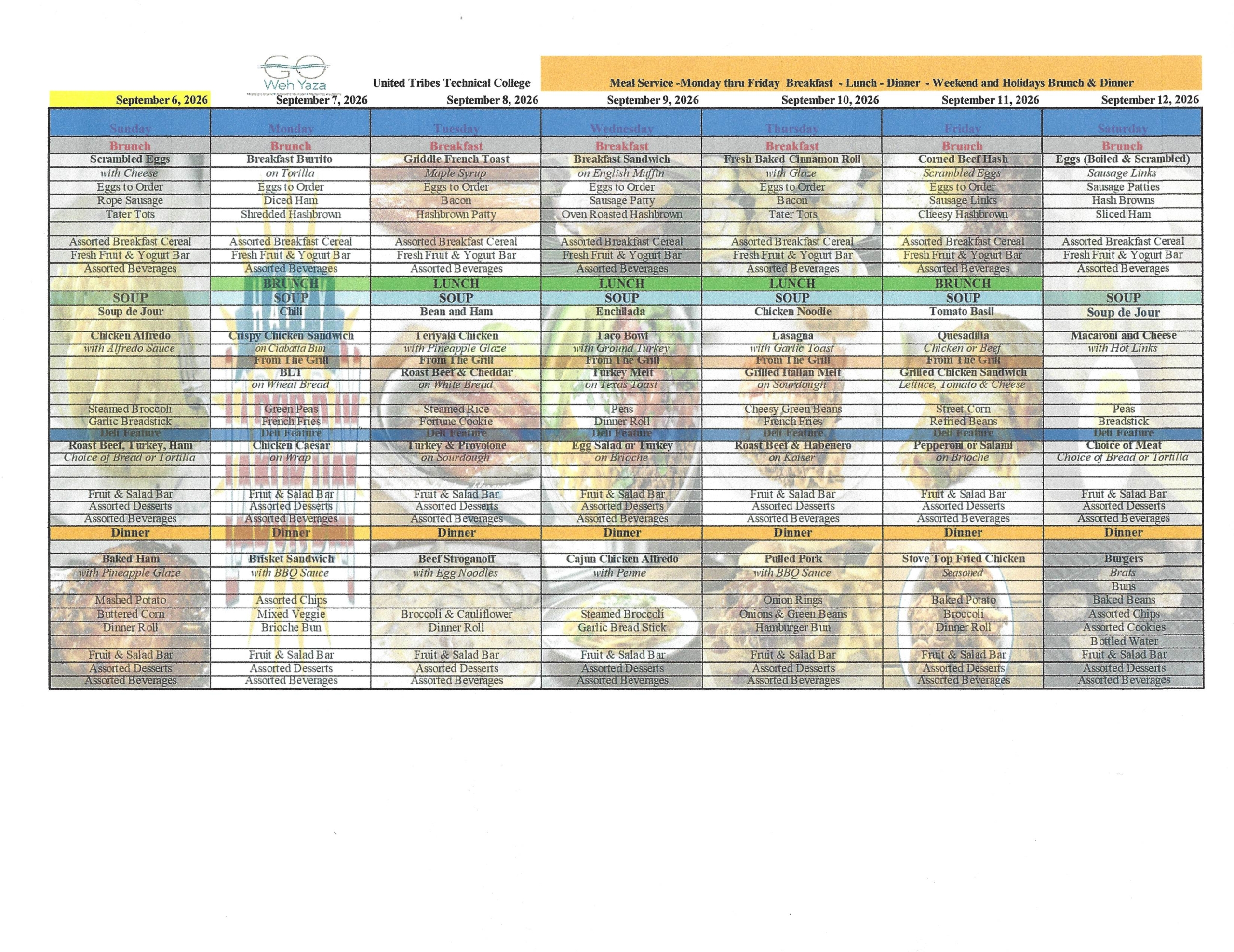 GWY UTTC - College Menu starting 9.6.2026